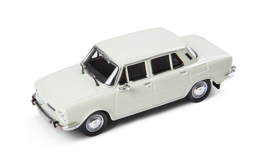 Model vozidla ŠKODA 110L (1973) 1:43 v bielej farbe.